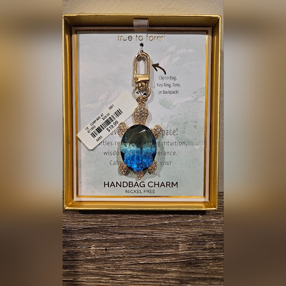 True to Form Gold Turtle Handbag Charm with Blue Crystal